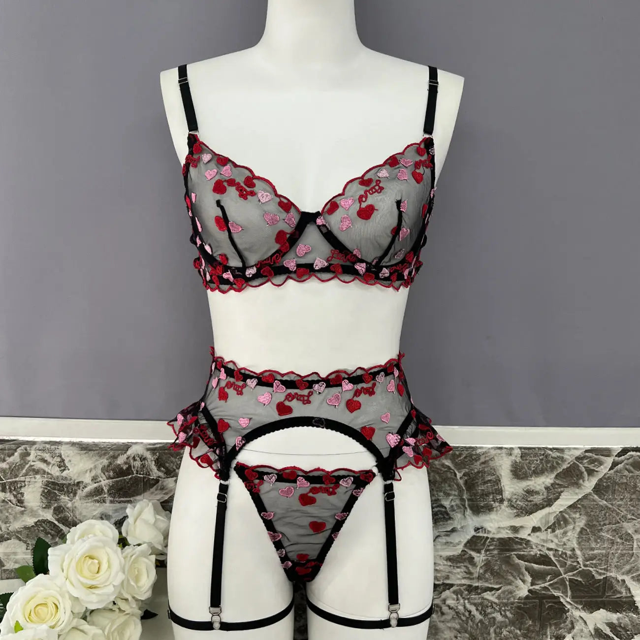 Alessia: Playful Heart Sheer Lingerie Set